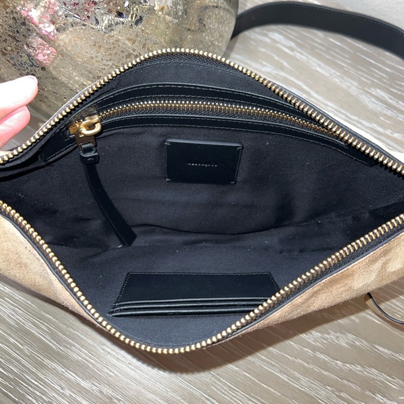 Allsaints Half Moon Suede Crossbody Bag in Mink Tan. - Picture 10 of 12